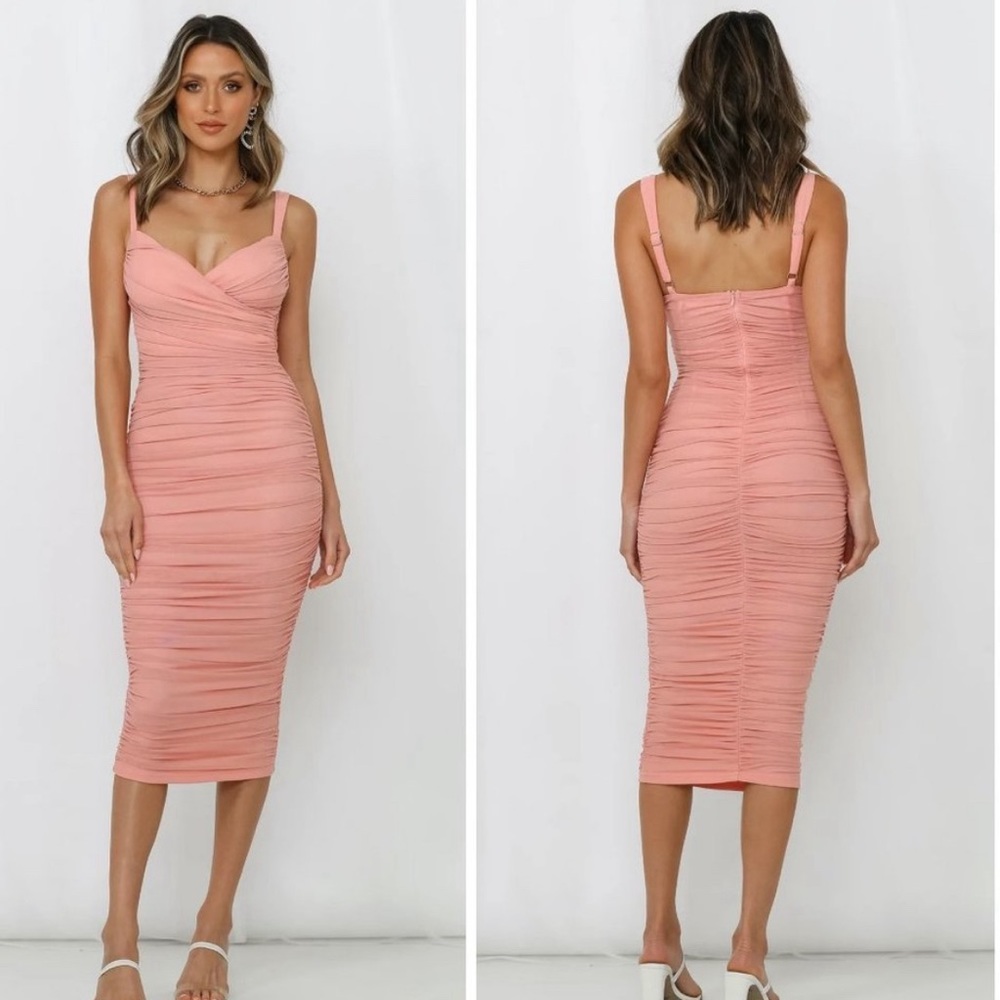 Hello Molly Pink Ruched Midi Dress